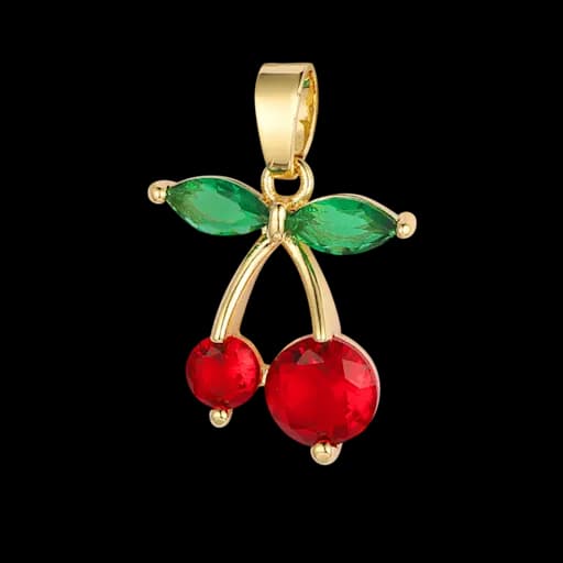 Gold charm with a red cherry on it