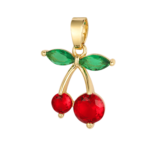 Gold charm with a red cherry on it